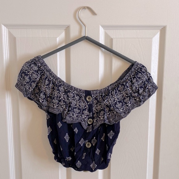 Over the shoulder navy crop top with brown buttons - Picture 1 of 2